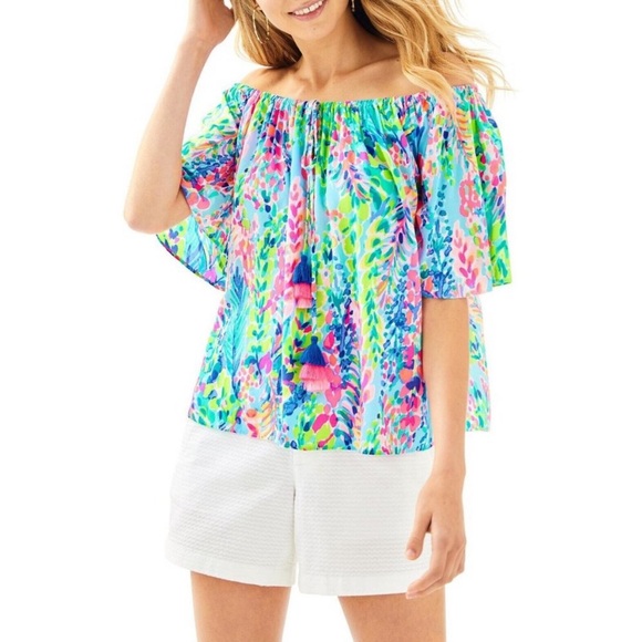 Lilly Pulitzer Sain Off The Shoulder Top in Catch the Wave. - Picture 1 of 10